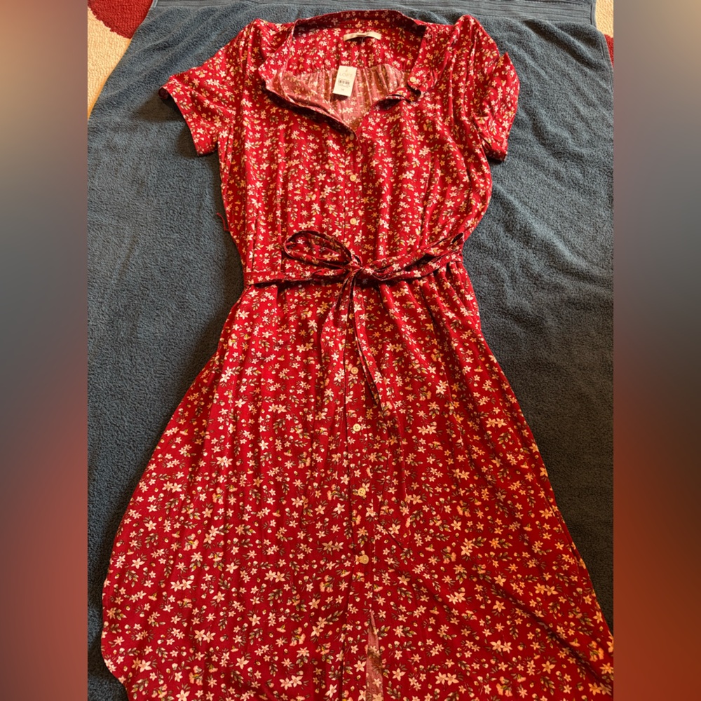 LOFT Red and Pink Floral Midi Dress